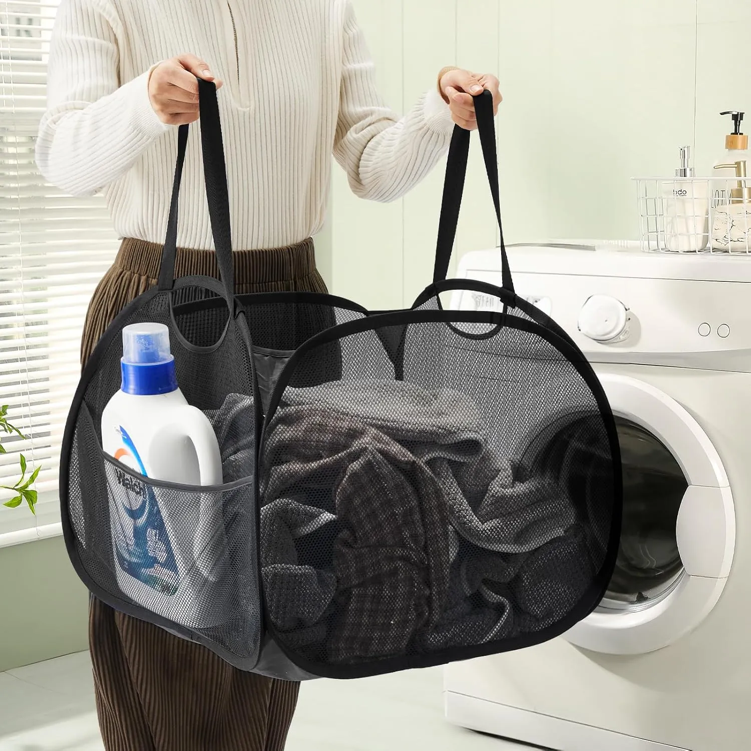 TECHMILLY Collapsible Mesh Pop Up Laundry Hamper with Strong Handles, Large Opening Clothes Hamper with Side Pockets, Storage Baskets for Dorm, Laundry Room, Bathroom or Travel (Black, 90L)