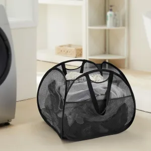 TECHMILLY Collapsible Mesh Pop Up Laundry Hamper with Strong Handles, Large Opening Clothes Hamper with Side Pockets, Storage Baskets for Dorm, Laundry Room, Bathroom or Travel (Black, 90L)