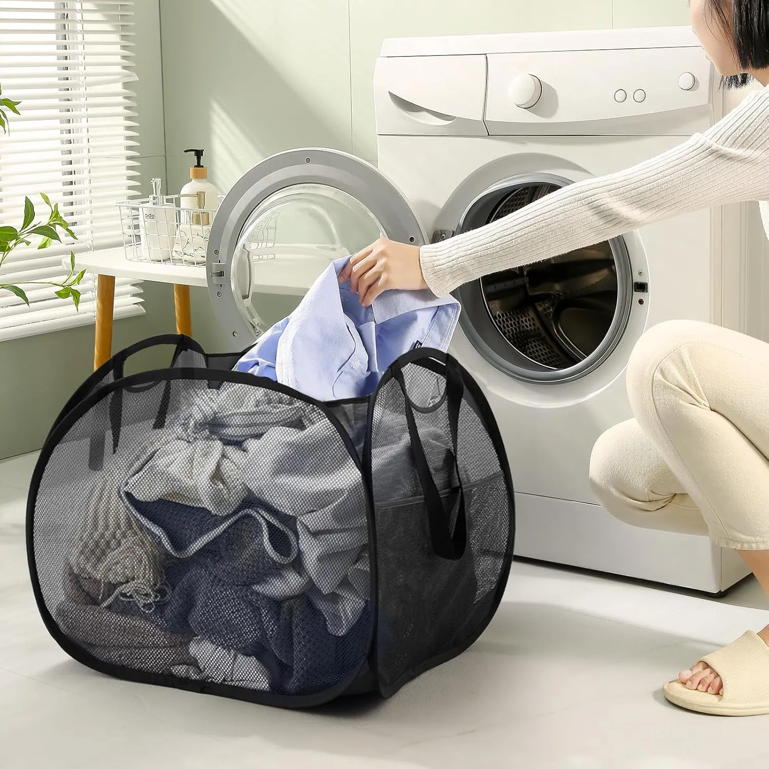 TECHMILLY Collapsible Mesh Pop Up Laundry Hamper with Strong Handles, Large Opening Clothes Hamper with Side Pockets, Storage Baskets for Dorm, Laundry Room, Bathroom or Travel (Black, 90L)
