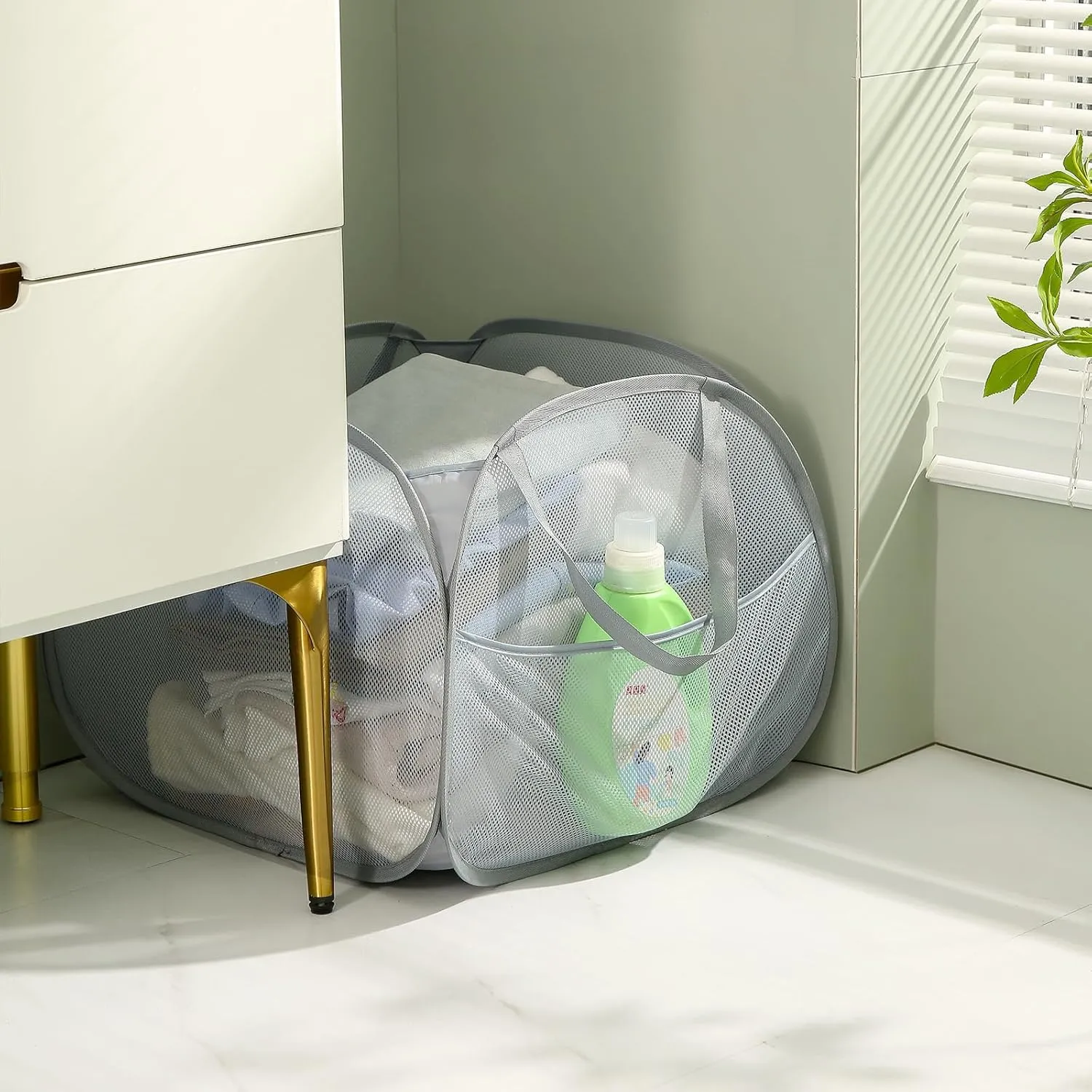 TECHMILLY Collapsible Mesh Pop Up Laundry Hamper with Strong Handles, Large Opening Clothes Hamper with Side Pockets, Storage Baskets for Dorm, Laundry Room, Bathroom or Travel (Black, 90L)