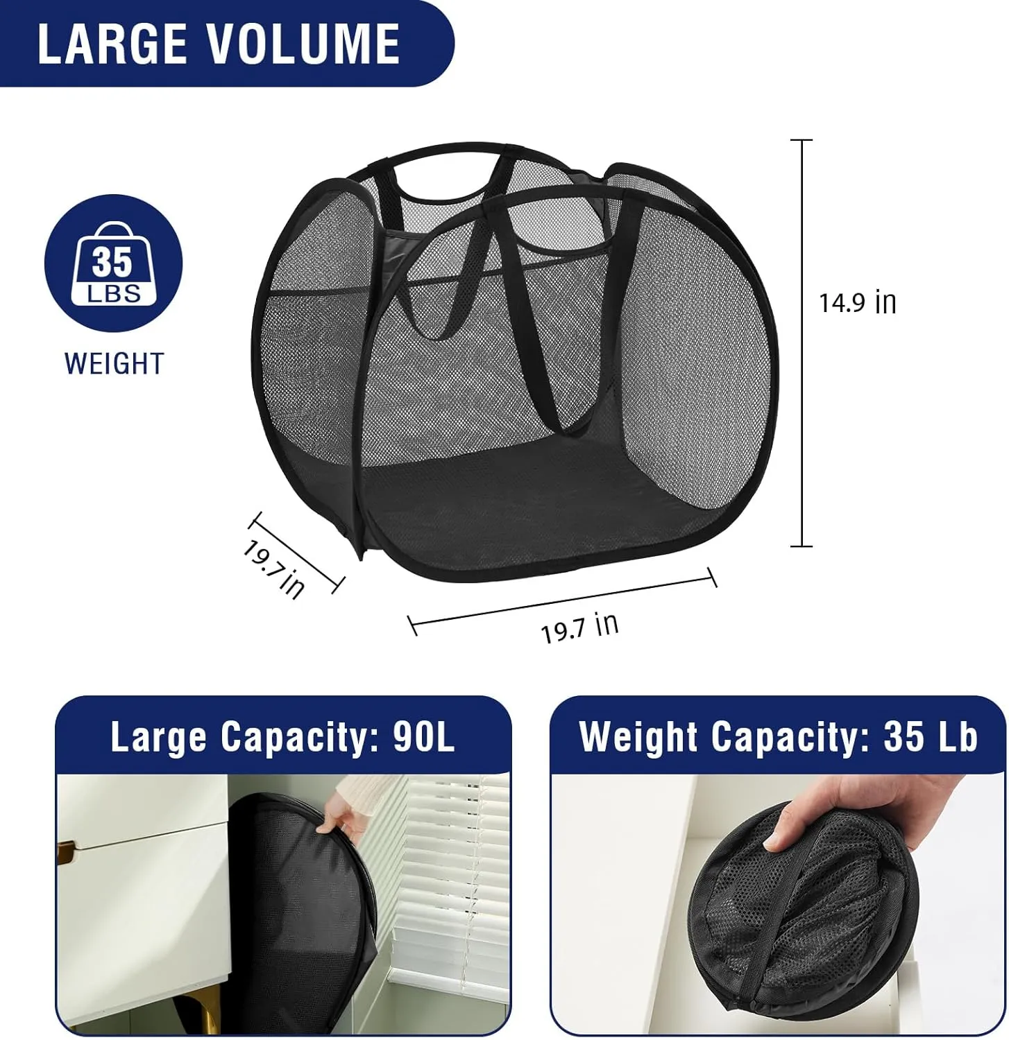 TECHMILLY Collapsible Mesh Pop Up Laundry Hamper with Strong Handles, Large Opening Clothes Hamper with Side Pockets, Storage Baskets for Dorm, Laundry Room, Bathroom or Travel (Black, 90L)