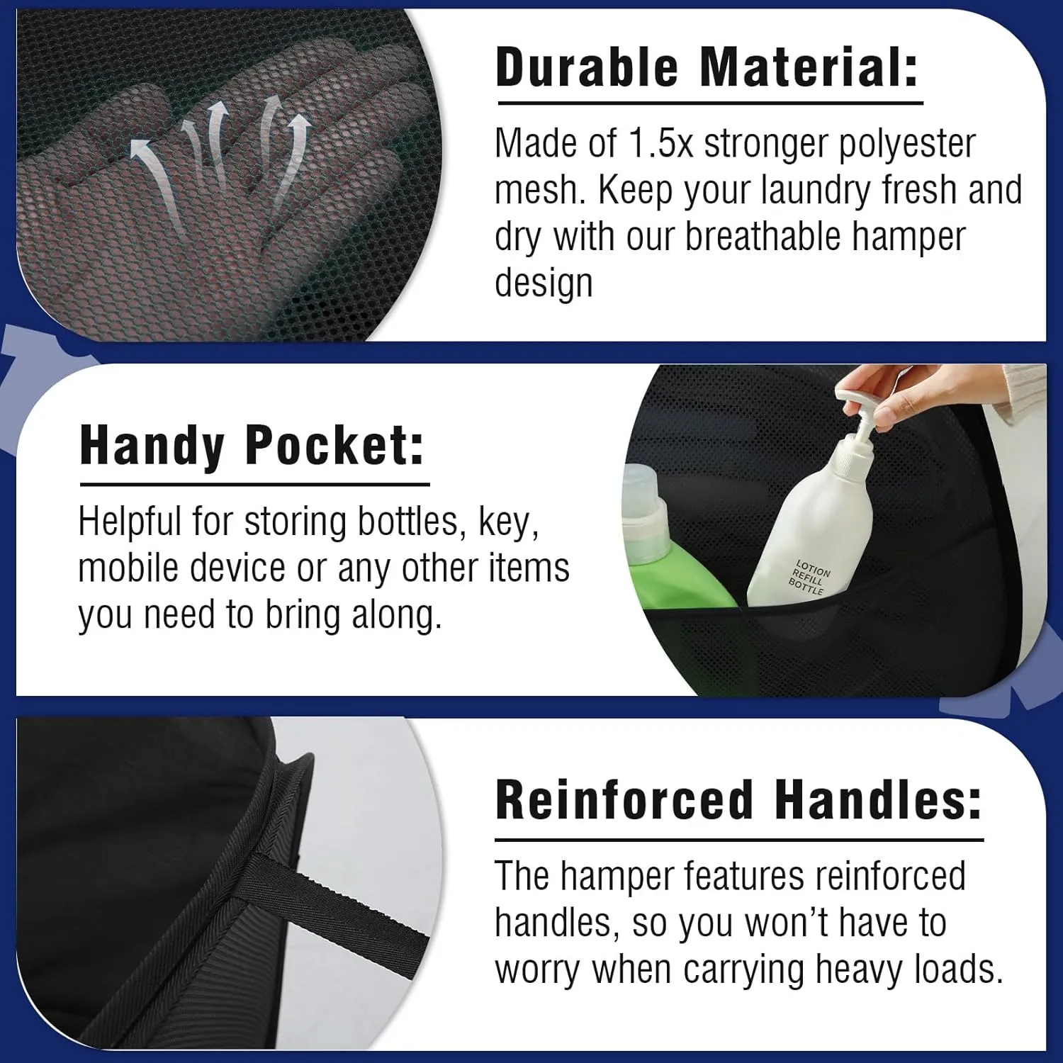TECHMILLY Collapsible Mesh Pop Up Laundry Hamper with Strong Handles, Large Opening Clothes Hamper with Side Pockets, Storage Baskets for Dorm, Laundry Room, Bathroom or Travel (Black, 90L)