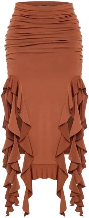 THLAI Women Ruffle Skirt Double Split Skirt Sexy Bodycon Skirt Y2k Skirt High Waist Fringe Skirt Midi Skirt Fall Ruched Skirt