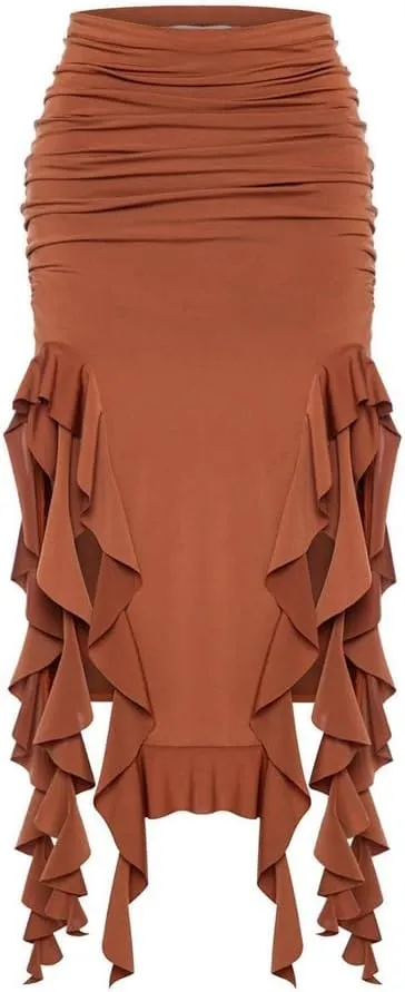 THLAI Women Ruffle Skirt Double Split Skirt Sexy Bodycon Skirt Y2k Skirt High Waist Fringe Skirt Midi Skirt Fall Ruched Skirt