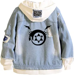 Tokisaki Anime Cosplay Denim Jacket Graphic Hoodie Jacket Hooded Sweatshirt Adult Unisex Novelty Coat for Halloween