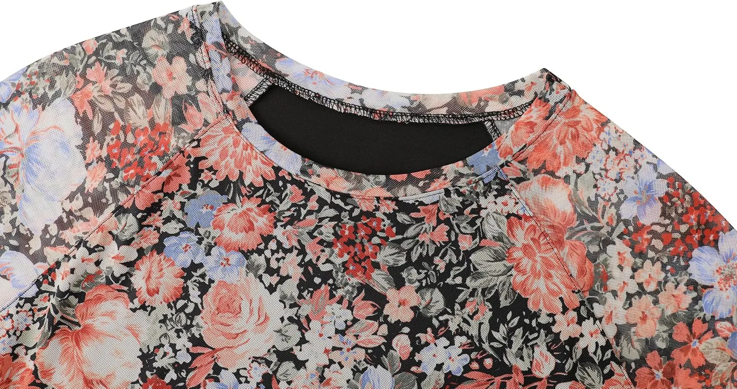Totatuit Women Floral Mesh Long Sleeve Top Crewneck Double Lined Basic Shirts with Thumb Holes Going Out Tops