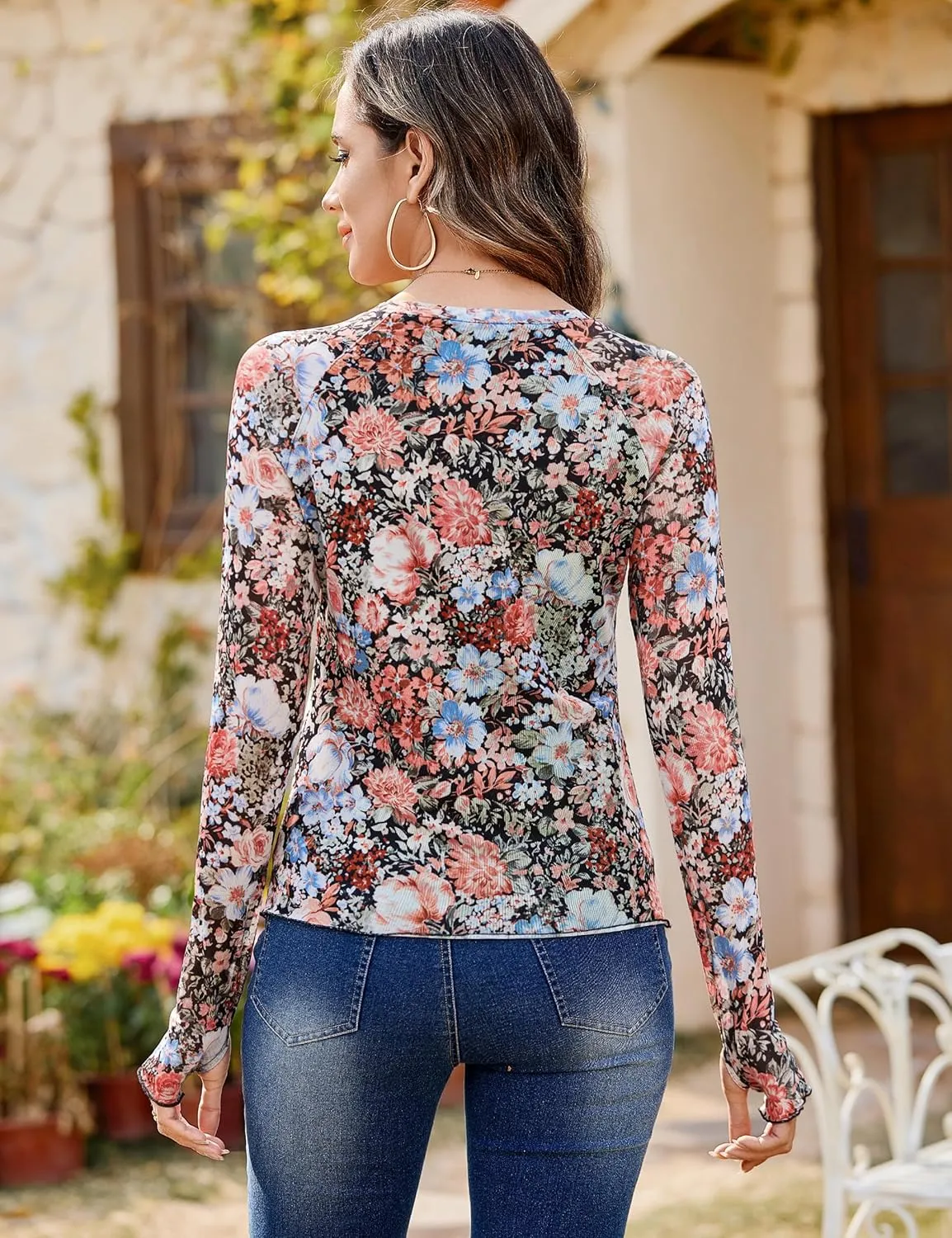 Totatuit Women Floral Mesh Long Sleeve Top Crewneck Double Lined Basic Shirts with Thumb Holes Going Out Tops