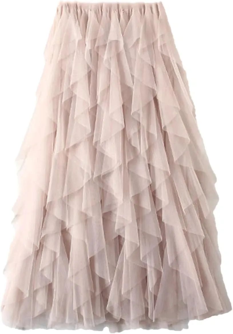 Tulle Long Maxi Skirt Women High Waist Pleated Skirt