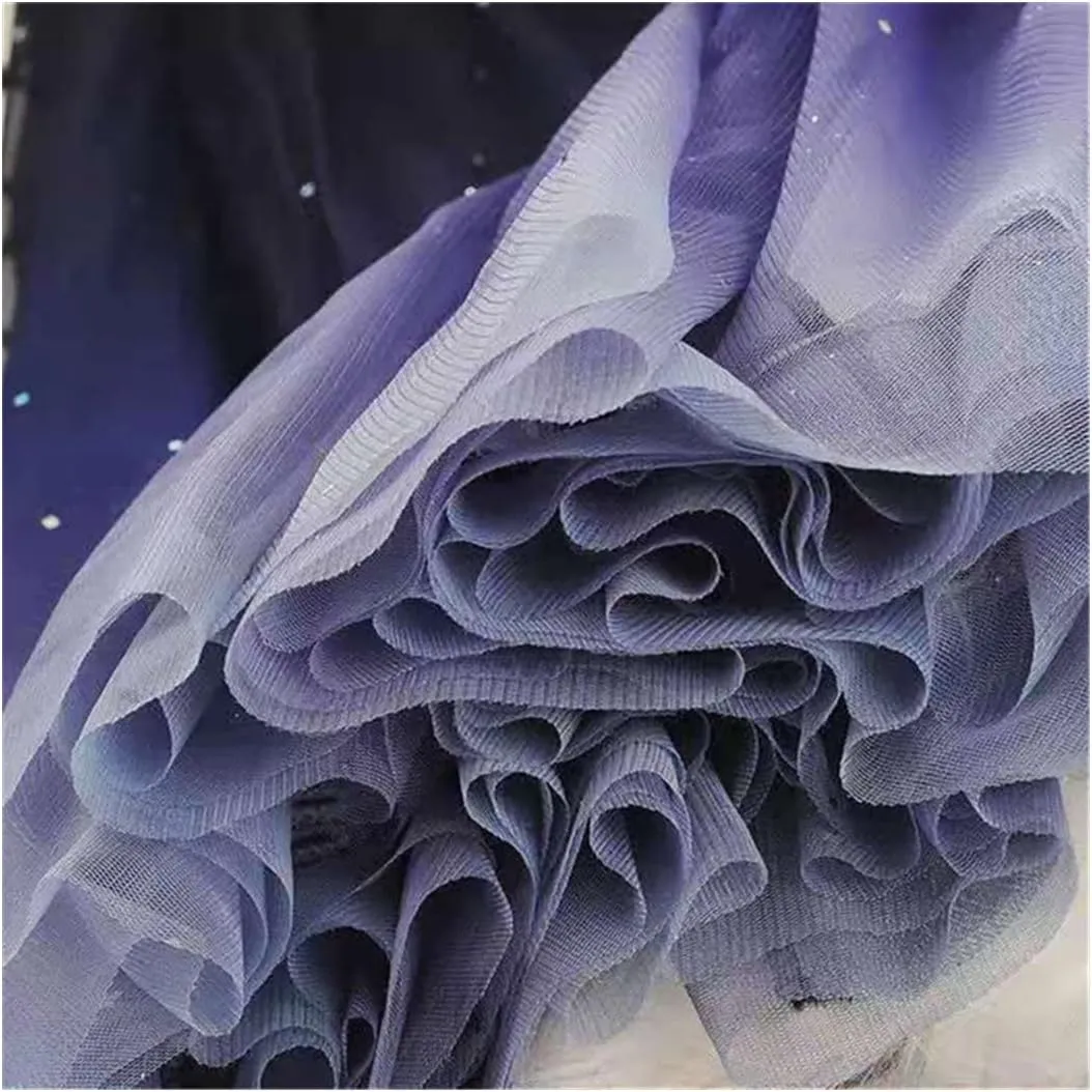 Tulle Skirt, Gradient Long Skirt, Female High Waist Pleated Mesh Skirt, Blue Party Midi Pleated Skirt