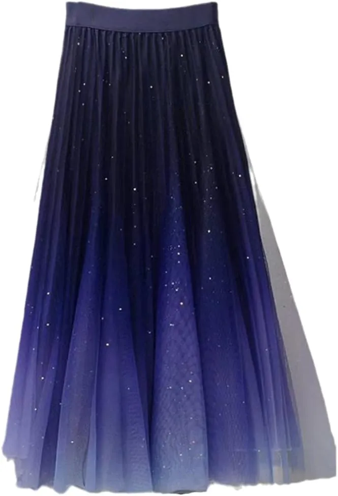 Tulle Skirt, Gradient Long Skirt, Female High Waist Pleated Mesh Skirt, Blue Party Midi Pleated Skirt