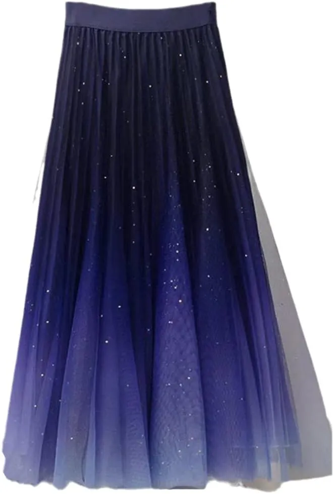 Tulle Skirt, Gradient Long Skirt, Female High Waist Pleated Mesh Skirt, Blue Party Midi Pleated Skirt