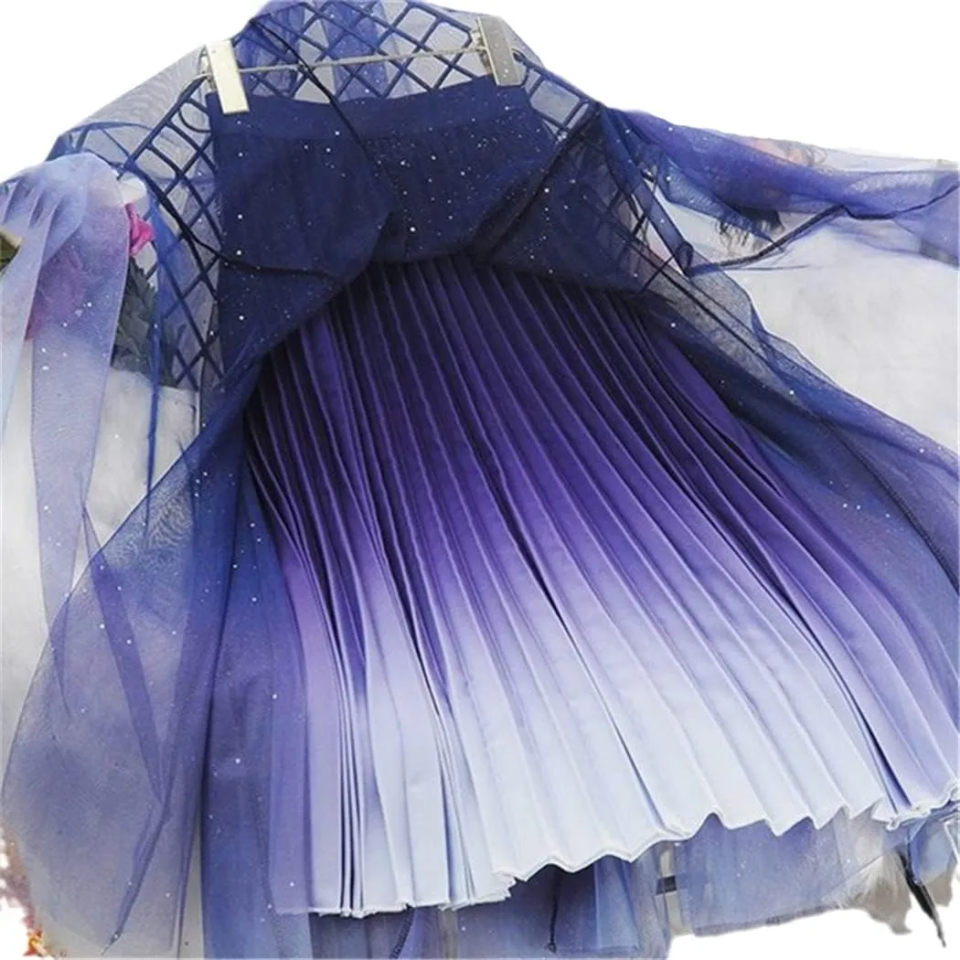 Tulle Skirt, Gradient Long Skirt, Female High Waist Pleated Mesh Skirt, Blue Party Midi Pleated Skirt