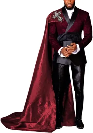 Tuxedo Suits for Men 3 Piece Regular Fit Suit Floral Blazer Jacket Pants Cape Men Suit Set for Wedding Prom MZA04