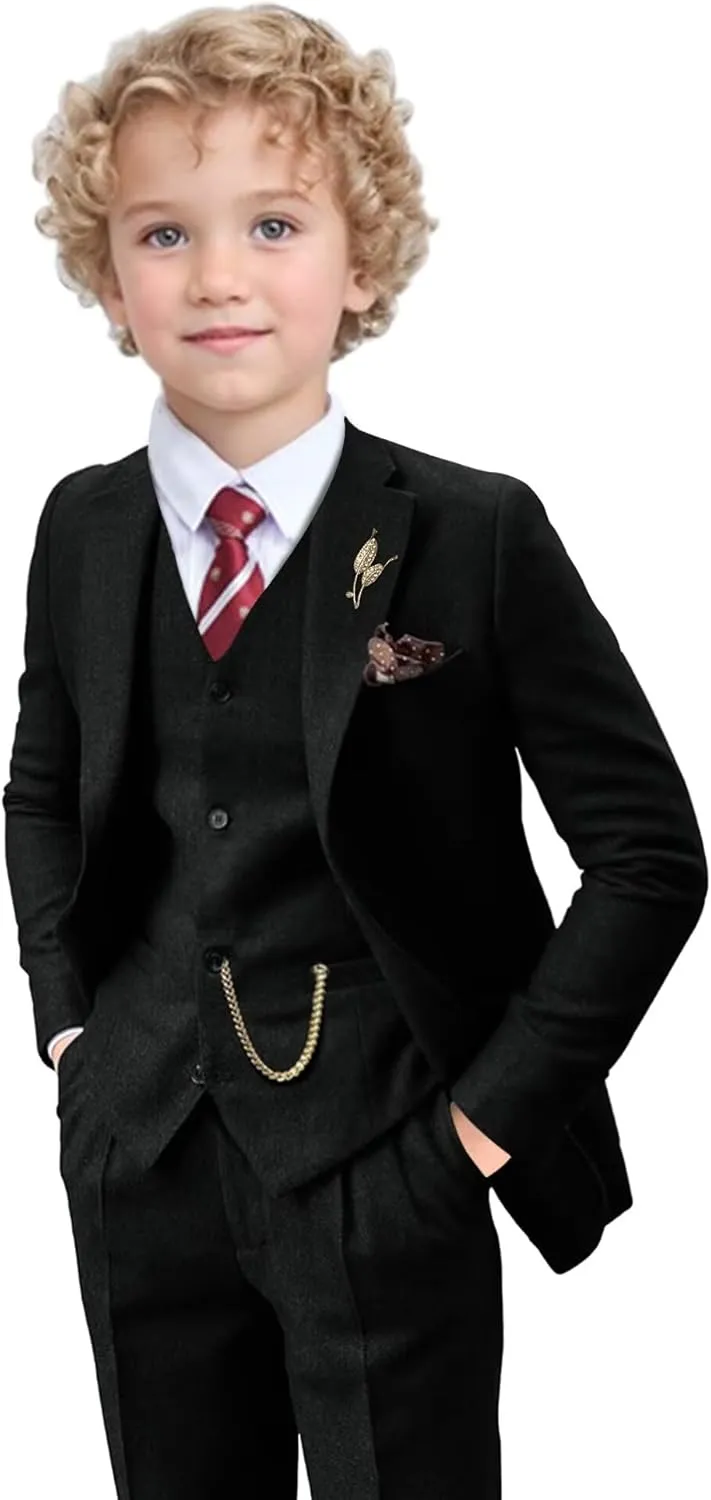 Tweed Herringbone Boys Suit 3 Piece Spring Retro Formal Suits for Boy Wool Blend Blazer Vest Pants Wedding Tuxedo Set