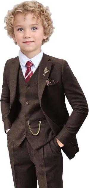 Tweed Herringbone Boys Suit 3 Piece Spring Retro Formal Suits for Boy Wool Blend Blazer Vest Pants Wedding Tuxedo Set