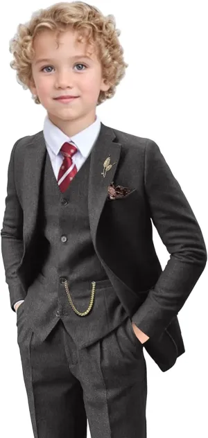 Tweed Herringbone Boys Suit 3 Piece Spring Retro Formal Suits for Boy Wool Blend Blazer Vest Pants Wedding Tuxedo Set