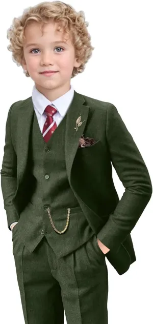Tweed Herringbone Boys Suit 3 Piece Spring Retro Formal Suits for Boy Wool Blend Blazer Vest Pants Wedding Tuxedo Set