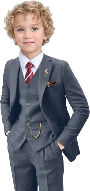 Tweed Herringbone Boys Suit 3 Piece Spring Retro Formal Suits for Boy Wool Blend Blazer Vest Pants Wedding Tuxedo Set