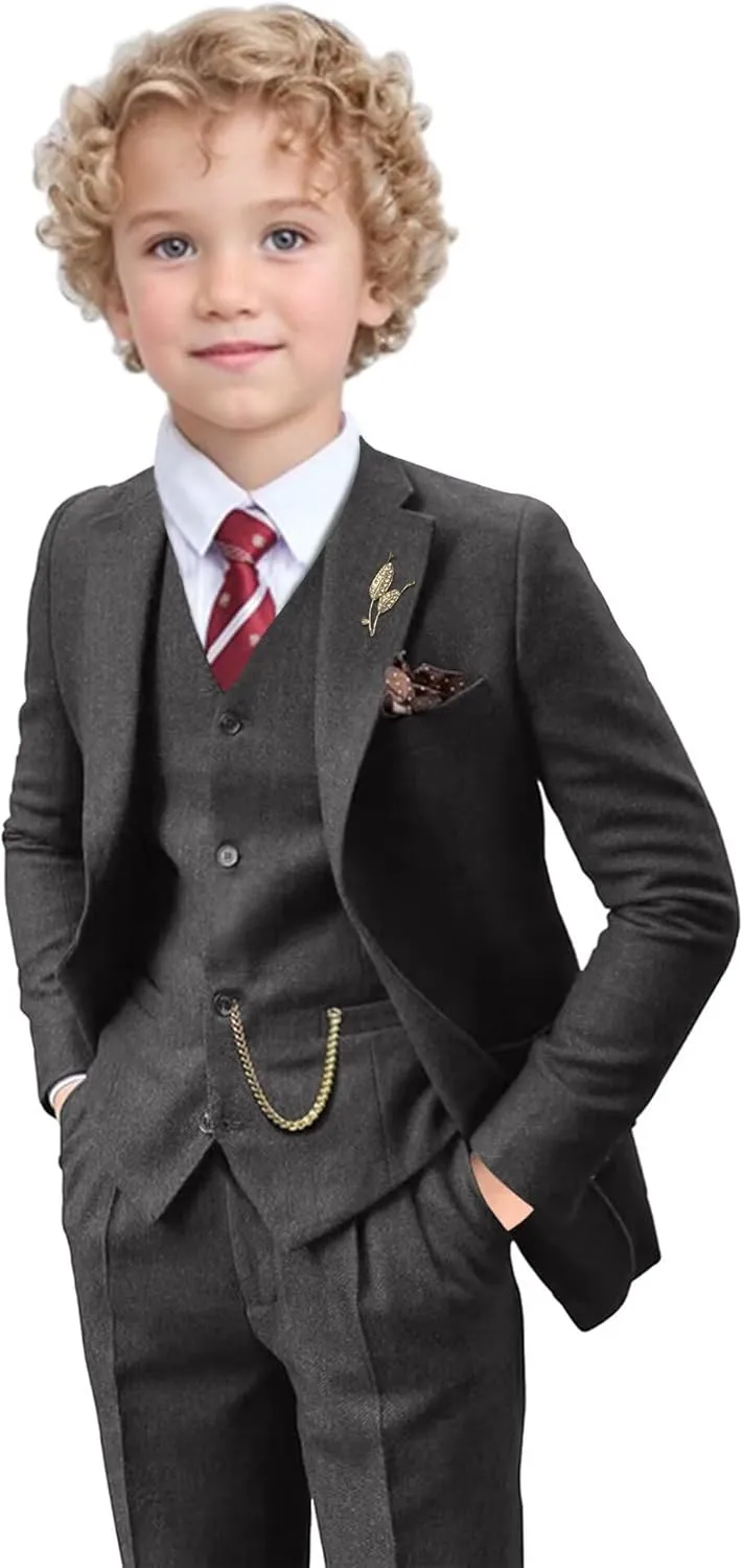 Tweed Herringbone Boys Suit 3 Piece Spring Retro Formal Suits for Boy Wool Blend Blazer Vest Pants Wedding Tuxedo Set