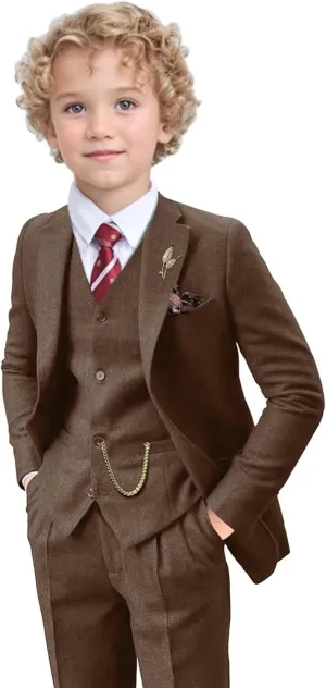 Tweed Herringbone Boys Suit 3 Piece Spring Retro Formal Suits for Boy Wool Blend Blazer Vest Pants Wedding Tuxedo Set