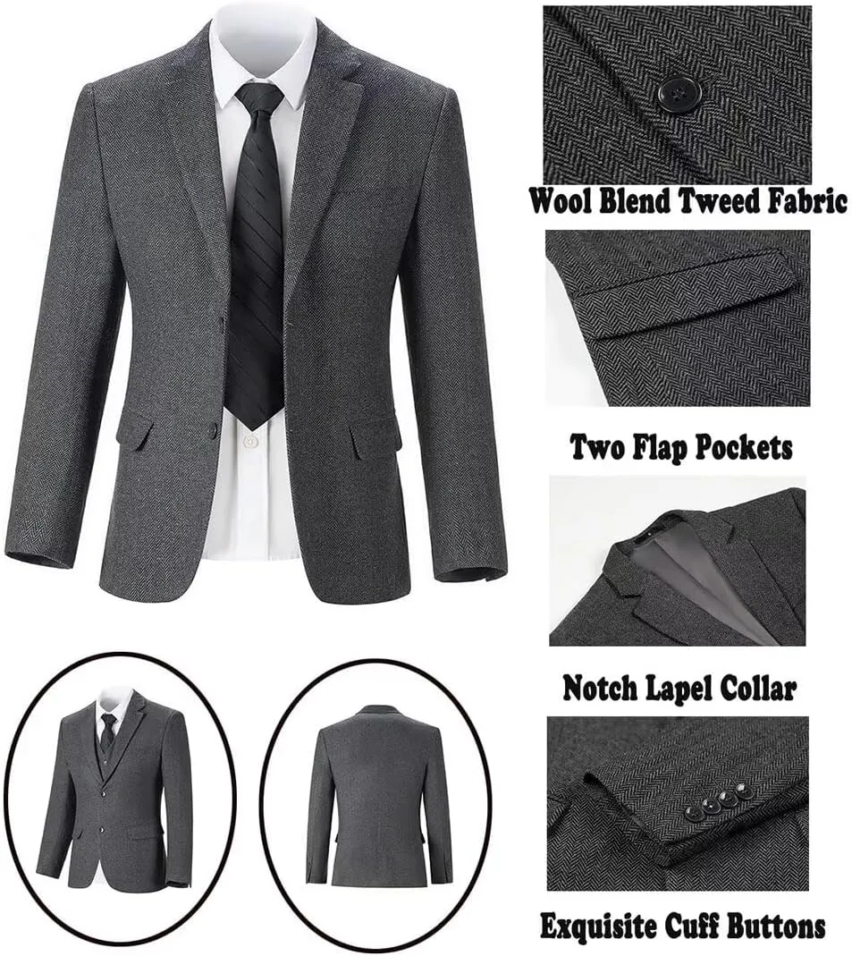 Tweed Herringbone Boys Suit 3 Piece Spring Retro Formal Suits for Boy Wool Blend Blazer Vest Pants Wedding Tuxedo Set