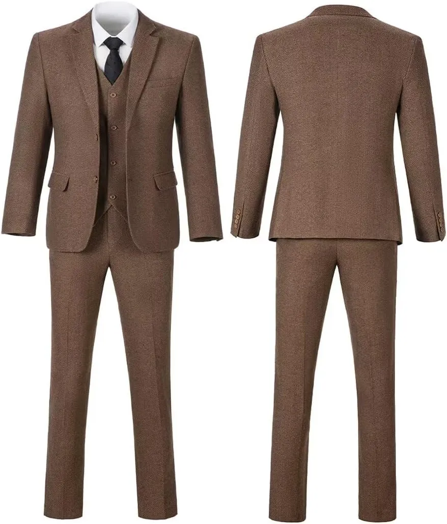 Tweed Herringbone Boys Suit 3 Piece Spring Retro Formal Suits for Boy Wool Blend Blazer Vest Pants Wedding Tuxedo Set