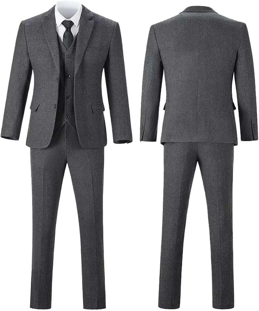 Tweed Herringbone Boys Suit 3 Piece Spring Retro Formal Suits for Boy Wool Blend Blazer Vest Pants Wedding Tuxedo Set