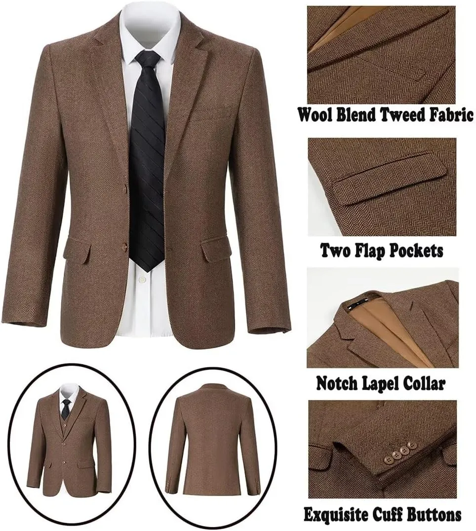 Tweed Herringbone Boys Suit 3 Piece Spring Retro Formal Suits for Boy Wool Blend Blazer Vest Pants Wedding Tuxedo Set