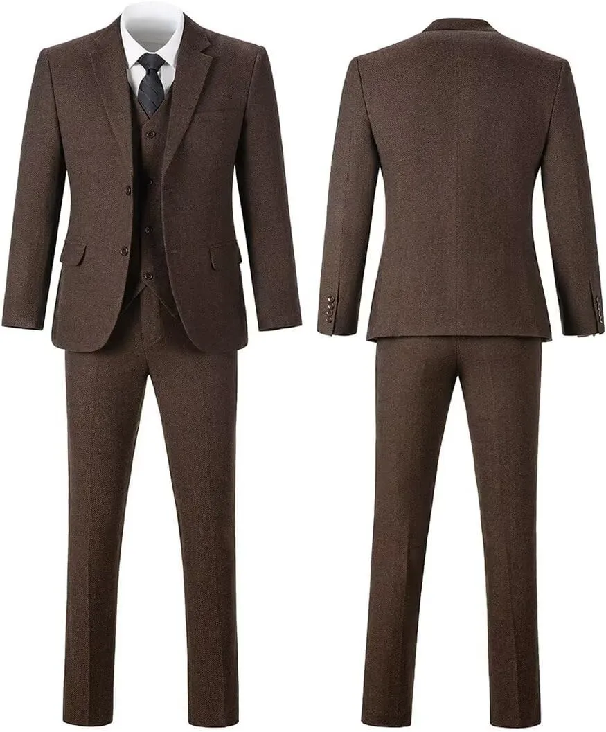 Tweed Herringbone Boys Suit 3 Piece Spring Retro Formal Suits for Boy Wool Blend Blazer Vest Pants Wedding Tuxedo Set