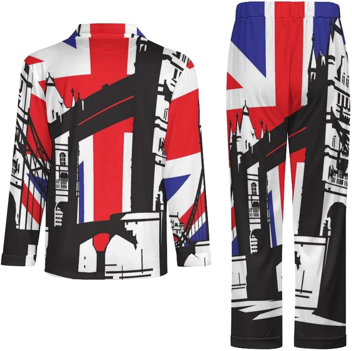 UK Flag London Bridge 2 PCS Men Pajama Set Long Sleeve Button-down Shirts Tops & Sleep Pants Loungewear