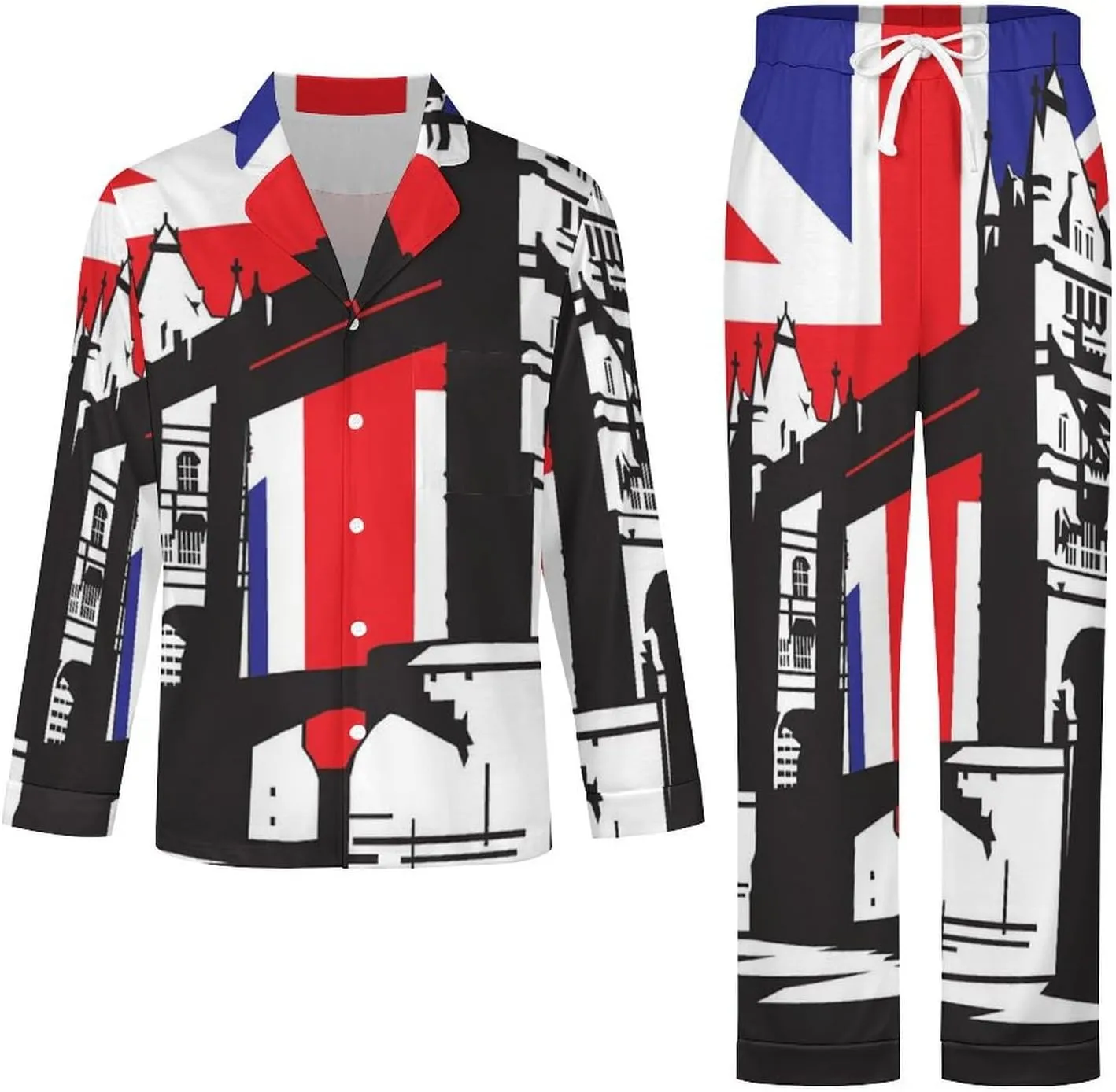 UK Flag London Bridge 2 PCS Men Pajama Set Long Sleeve Button-down Shirts Tops & Sleep Pants Loungewear