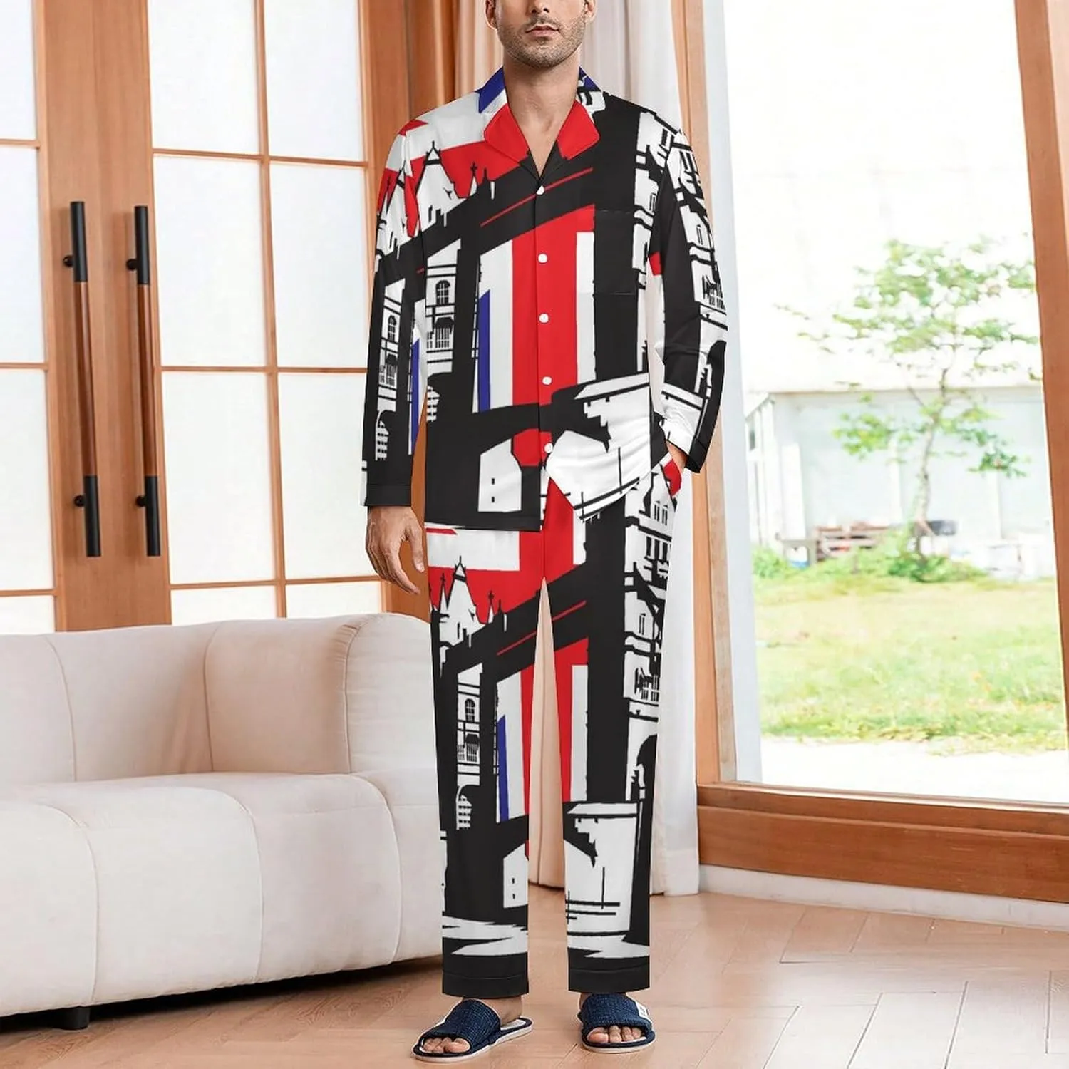 UK Flag London Bridge 2 PCS Men Pajama Set Long Sleeve Button-down Shirts Tops & Sleep Pants Loungewear
