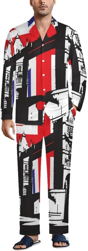 UK Flag London Bridge 2 PCS Men Pajama Set Long Sleeve Button-down Shirts Tops & Sleep Pants Loungewear