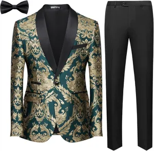 UNINUKOO Men's Suit 2 Piece Floral Paisley Regular Fit Tuxedo Suits for Men Dinner Party Jacket Pants Set