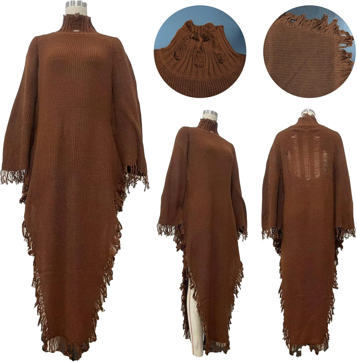 Unybwonn Women's Fringe Sweater Dress Batwing Long Sleeve Mock Neck Knit Maxi Dress Side Slit High Low Trendy Dress