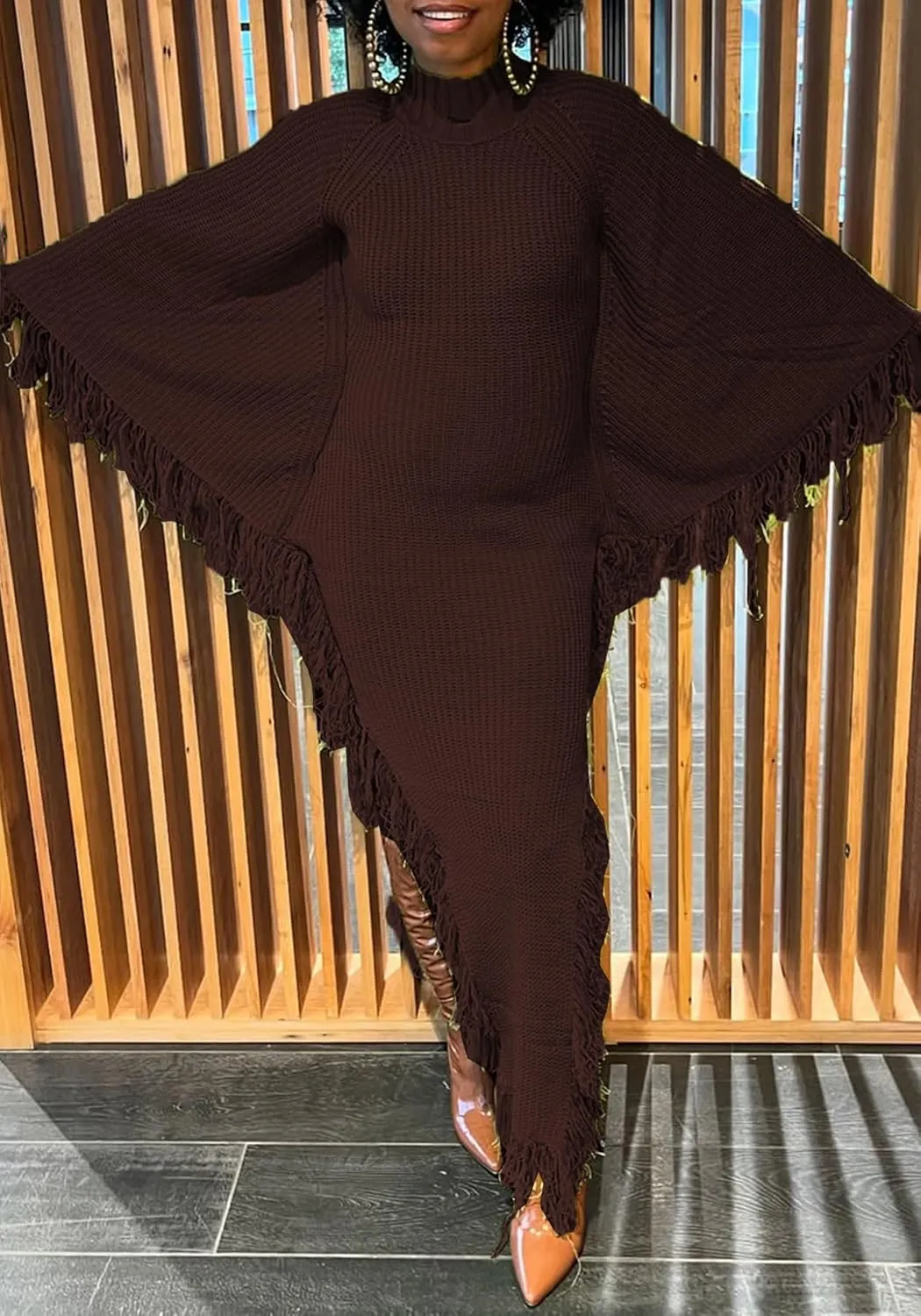Unybwonn Women's Fringe Sweater Dress Batwing Long Sleeve Mock Neck Knit Maxi Dress Side Slit High Low Trendy Dress