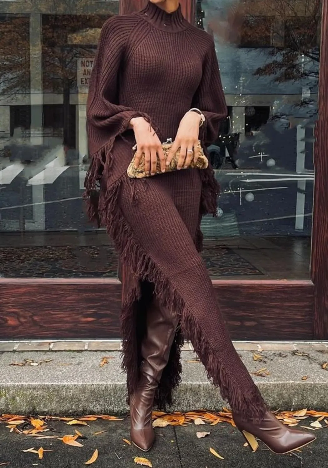 Unybwonn Women's Fringe Sweater Dress Batwing Long Sleeve Mock Neck Knit Maxi Dress Side Slit High Low Trendy Dress