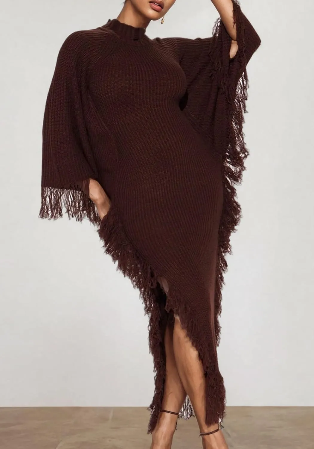 Unybwonn Women's Fringe Sweater Dress Batwing Long Sleeve Mock Neck Knit Maxi Dress Side Slit High Low Trendy Dress