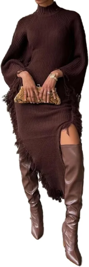 Unybwonn Women's Fringe Sweater Dress Batwing Long Sleeve Mock Neck Knit Maxi Dress Side Slit High Low Trendy Dress
