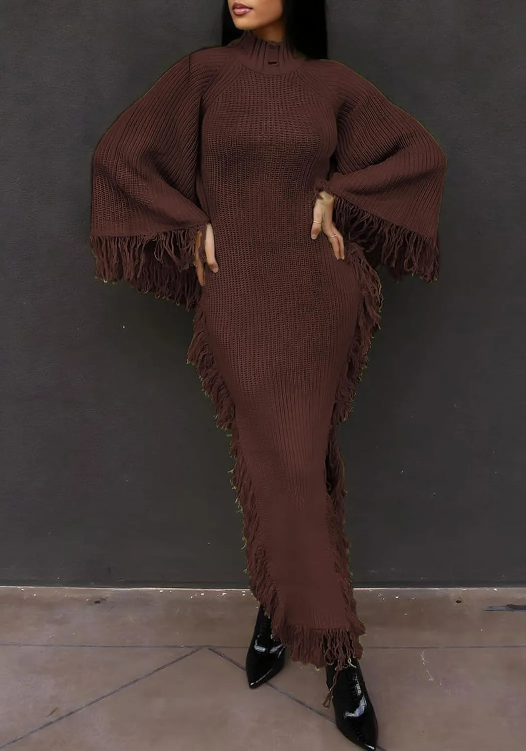 Unybwonn Women's Fringe Sweater Dress Batwing Long Sleeve Mock Neck Knit Maxi Dress Side Slit High Low Trendy Dress