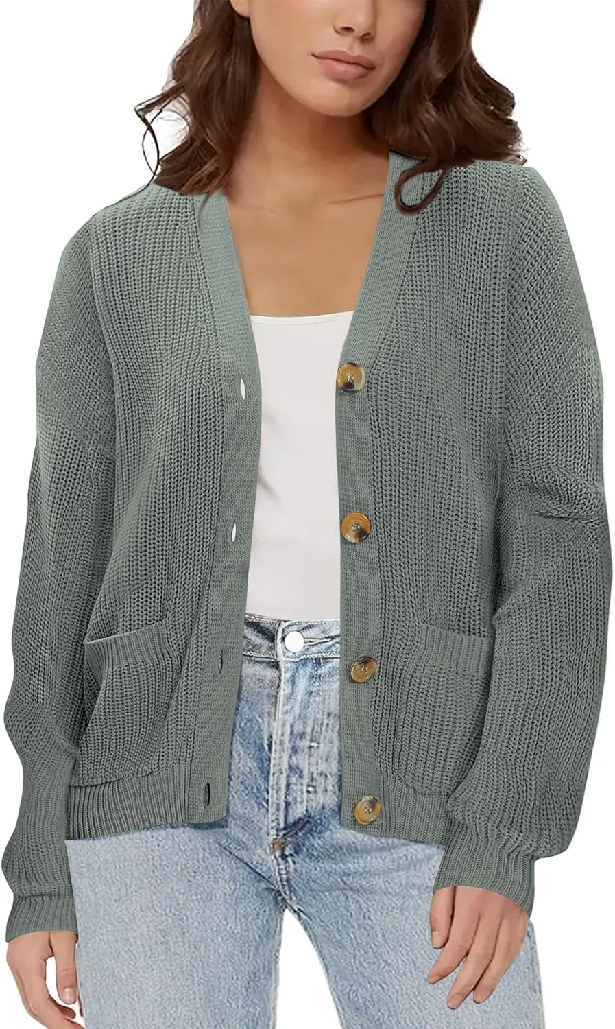 Urban CoCo Women's Lightweight Knit Open Front V-Neck Long Sleeve Button Down Casual Cardigan with Pockets