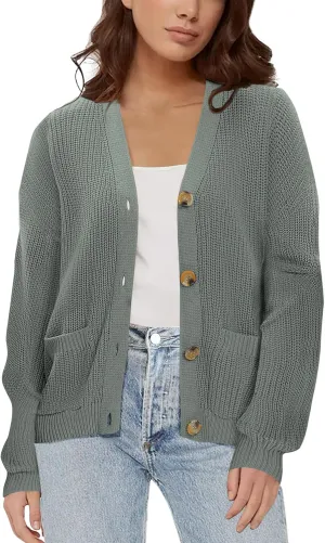 Urban CoCo Women's Lightweight Knit Open Front V-Neck Long Sleeve Button Down Casual Cardigan with Pockets