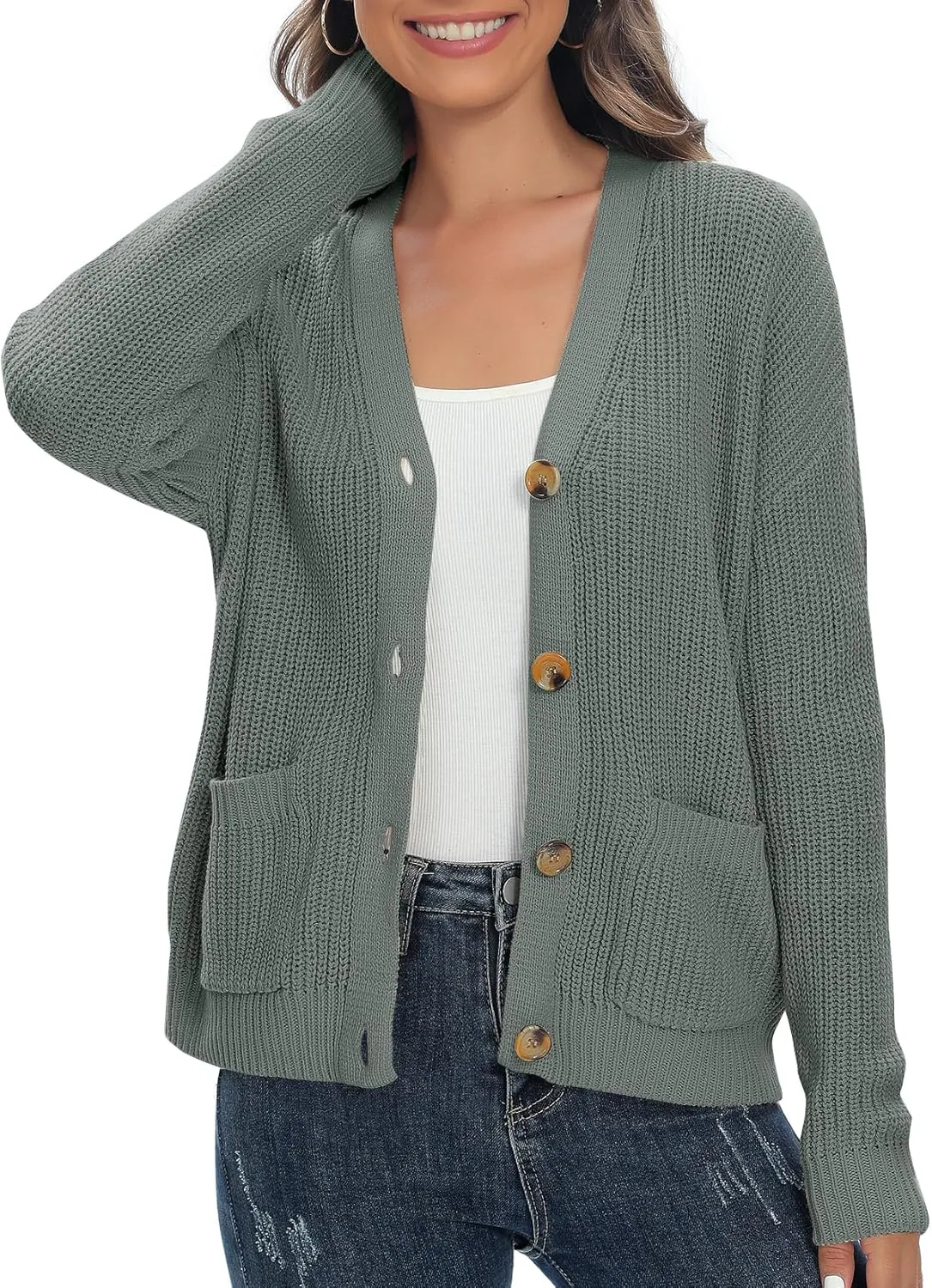 Urban CoCo Women's Lightweight Knit Open Front V-Neck Long Sleeve Button Down Casual Cardigan with Pockets