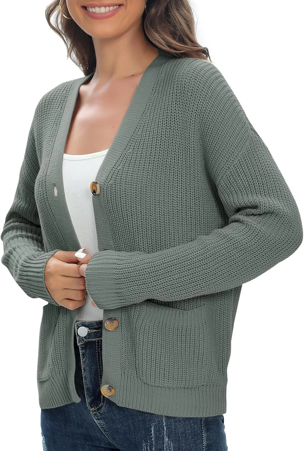 Urban CoCo Women's Lightweight Knit Open Front V-Neck Long Sleeve Button Down Casual Cardigan with Pockets