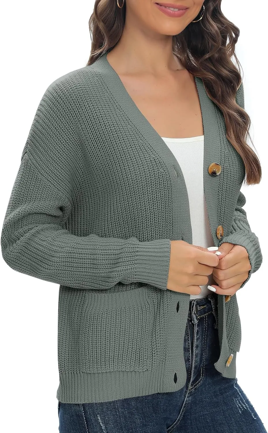 Urban CoCo Women's Lightweight Knit Open Front V-Neck Long Sleeve Button Down Casual Cardigan with Pockets