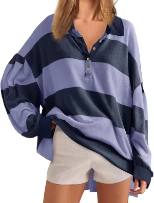 utcoco Oversized Sweatshirt for Women Striped Color Block Button Up Long Sleeve Shirts Hoodies Preppy Y2K Tops