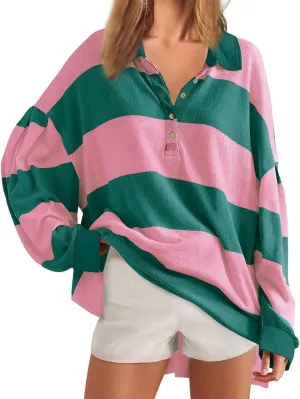 utcoco Oversized Sweatshirt for Women Striped Color Block Button Up Long Sleeve Shirts Hoodies Preppy Y2K Tops