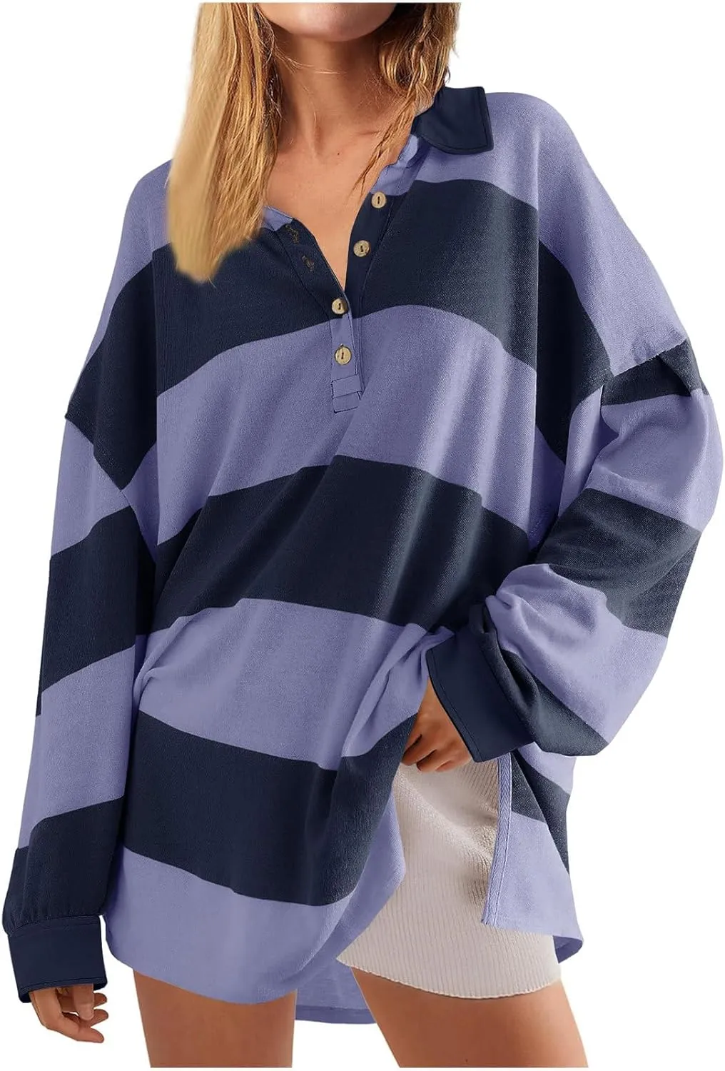 utcoco Oversized Sweatshirt for Women Striped Color Block Button Up Long Sleeve Shirts Hoodies Preppy Y2K Tops