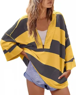 utcoco Oversized Sweatshirt for Women Striped Half Zip Long Sleeve Shirts Hoodies Color Block Preppy Y2K Tops