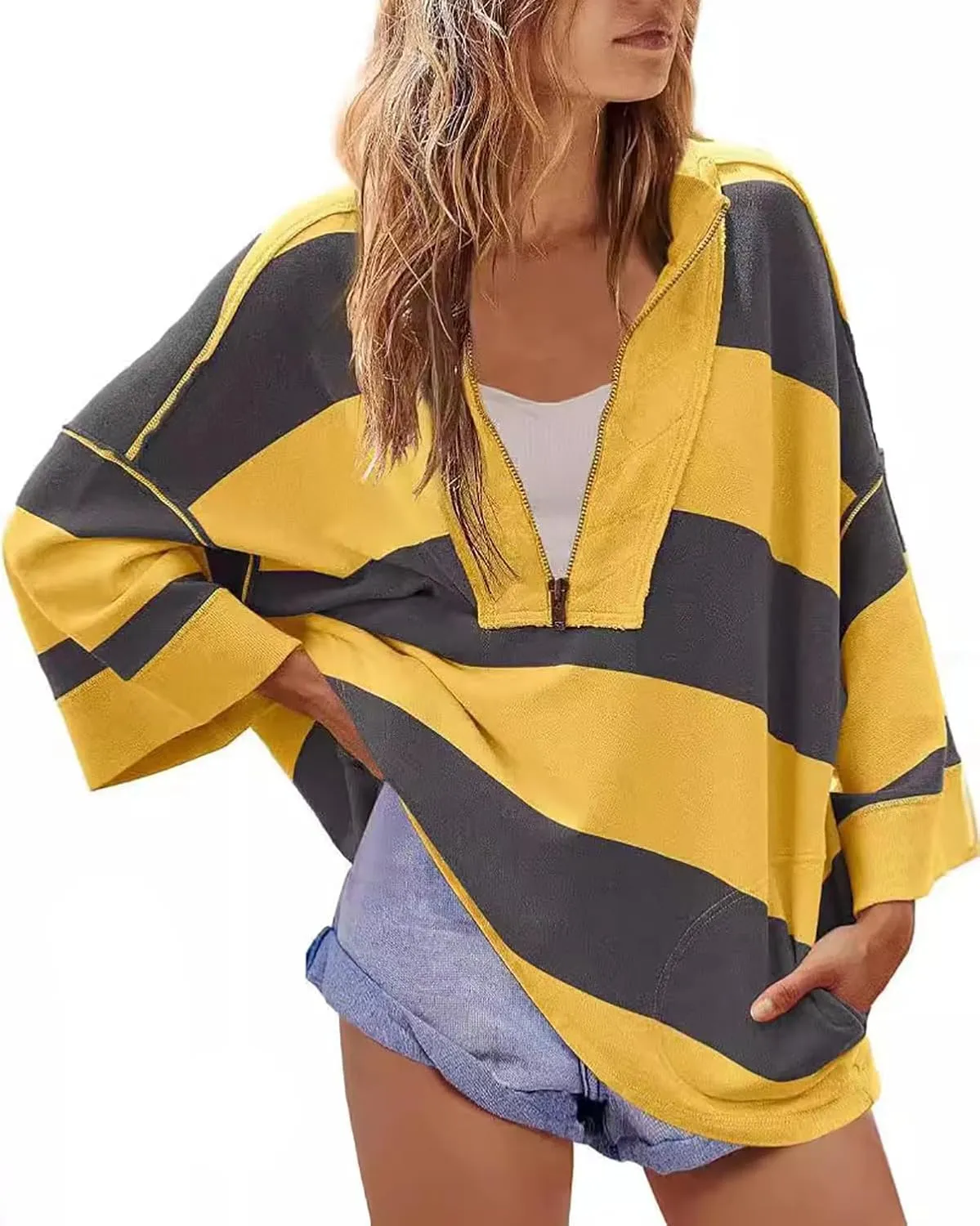 utcoco Oversized Sweatshirt for Women Striped Half Zip Long Sleeve Shirts Hoodies Color Block Preppy Y2K Tops